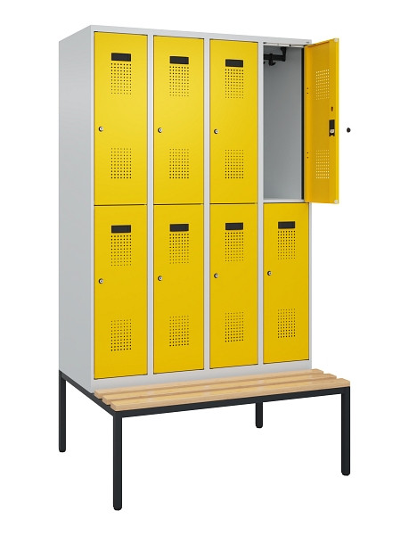C+P Doppelstock-Spind Evolo PLUS, Bank, 8 Fächer, 2120x1200x815mm, 7035/1023, Zylinderschloss, Sitzfläche Buche-Hartholz, Sitzbank, 0493507-40 S10028