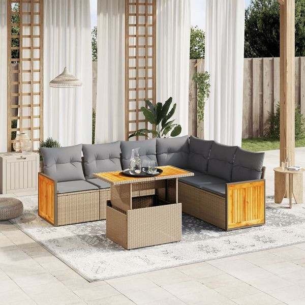 vidaXL 7-teilig Garten-Sofagarnitur mit Kissen Beige Poly Rattan, 3273978