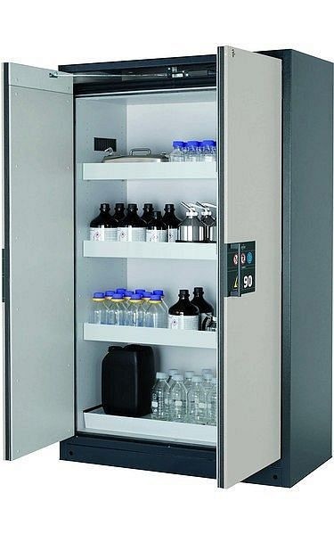 asecos Sicherheitsschrank Q-PEGASUS-90, Q90.195.120.WDAC in lichtgrau RAL 7035 mit 3x Wannenboden Standard (Stahlblech), 30002-041-30007