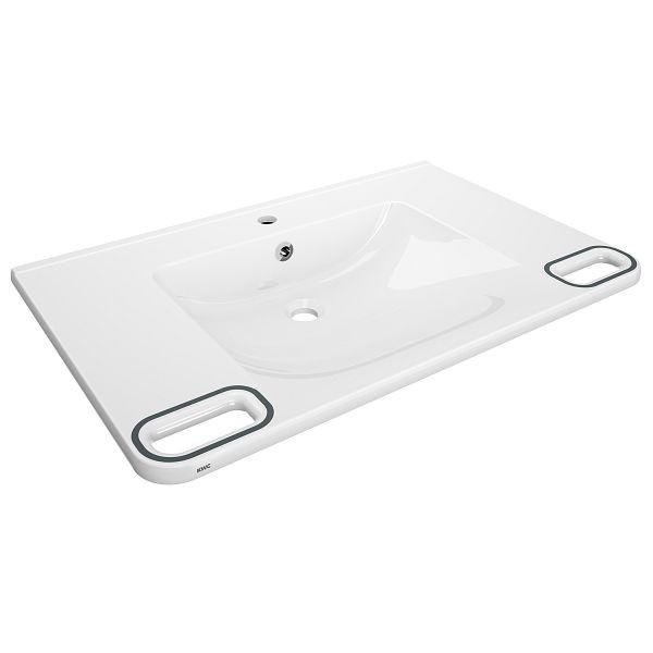 KWC Einzelwaschtisch, MEDCARE, MIRANIT, 850x150x550 mm, weiß/grau, Hahnloch, Überlauf, Griffe, barrierefrei, 2030070523