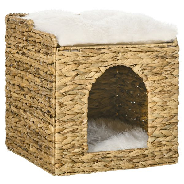 PawHut Rattan Katzenhaus, Katzenhöhle mit Kissen, Katzenhütte mit 2 Ebenen, D30-678V00BN