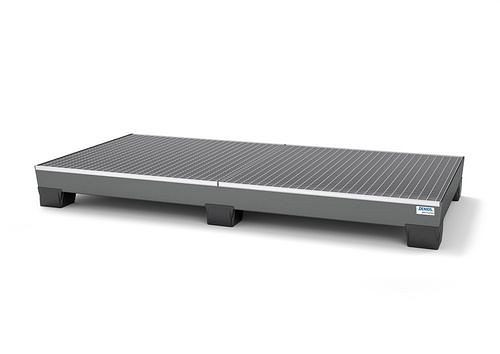 DENIOS Auffangwanne pro-line für 8 Fässer, Stahl grau lackiert, Füße, mit Gitterrost, B 2455 mm, 259357