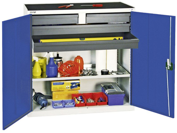 stumpf Werkzeug- und Materialschrank Serie 3000, 7035/5010, 2 Schubladen 100 mm, 2 Schubladen 100 mm durchgehend, 1 Wannenboden, 3007474