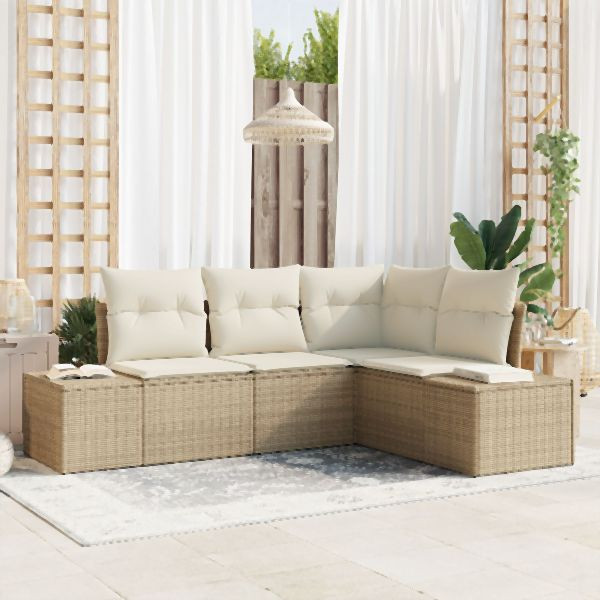 vidaXL 4-teiliges Garten Sofa Set mit Kissen Beige Poly Rattan, 3355710