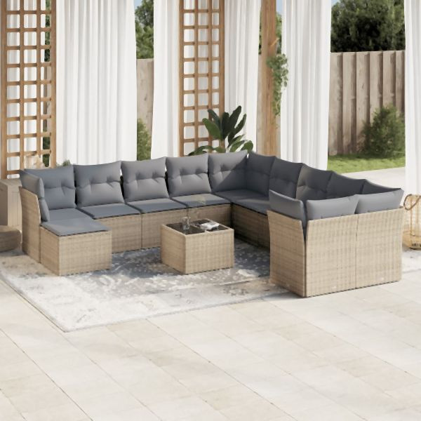 vidaXL 12-tlg. Garten-Sofagarnitur mit Kissen Beige Poly Rattan, 3250458