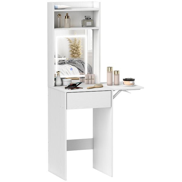 HOMCOM Kompakter Schminktisch mit Spiegel und LED-Beleuchtung, klappbare Tischplatte, offenere Regale, Schublade, MDF, Weiß, 831-988V90WT