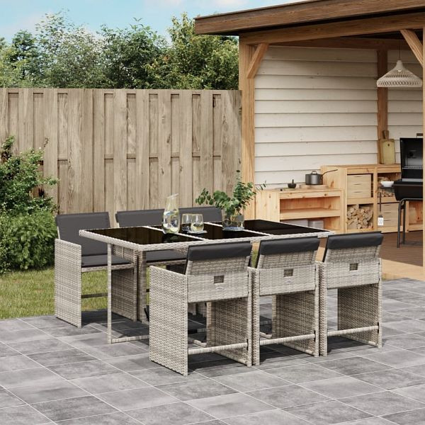 vidaXL 7-tlg. Garten-Essgruppe mit Kissen Hellgrau Poly Rattan, 3211091