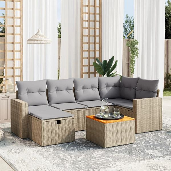vidaXL 7-teilig Garten-Sofagarnitur mit Kissen Beige Poly Rattan, 3264839