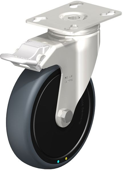 Blickle LKPXA-TPA 126KD-FI-ELS-FK Edelstahl-Apparate-Lenkrolle mit Anschraubplatte & Feststeller, Thermoplastisches Gummi-Elastomer, Grau, 629188