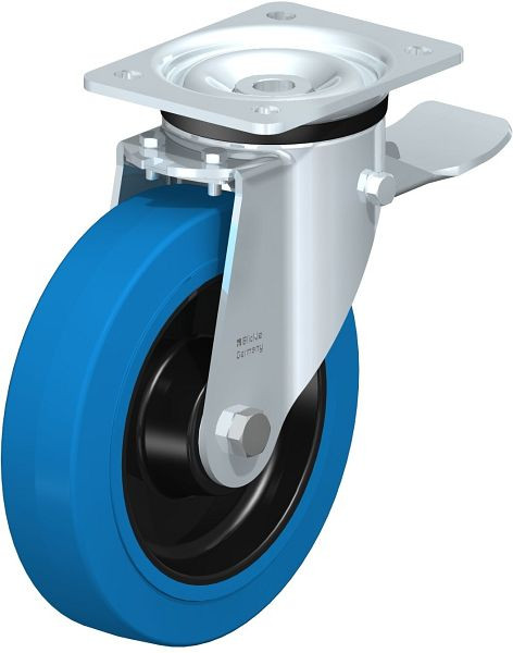 Blickle LK-POEV 200K-ST-SB Stahlblech-Lenkrolle, schwere Ausführung, mit Anschraubplatte & Feststeller, Elastik-Vollgummi, Blau, 750387