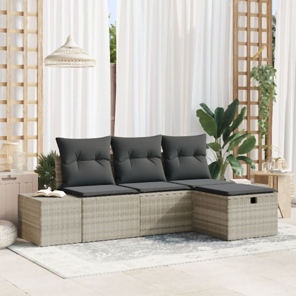 vidaXL 4-teiliges Garten Sofa Set mit Kissen hellgraues Poly Rattan, 3360683