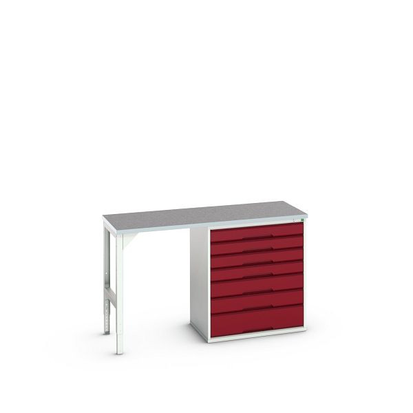 bott verso Unterbauwerkbank (Linoleum-Platte) mit 7 Schubladen (Breite: 800mm) BxTxH: 1500 x 600 x 930 mm, Lichtgrau / Purpurrot, 16921914.24