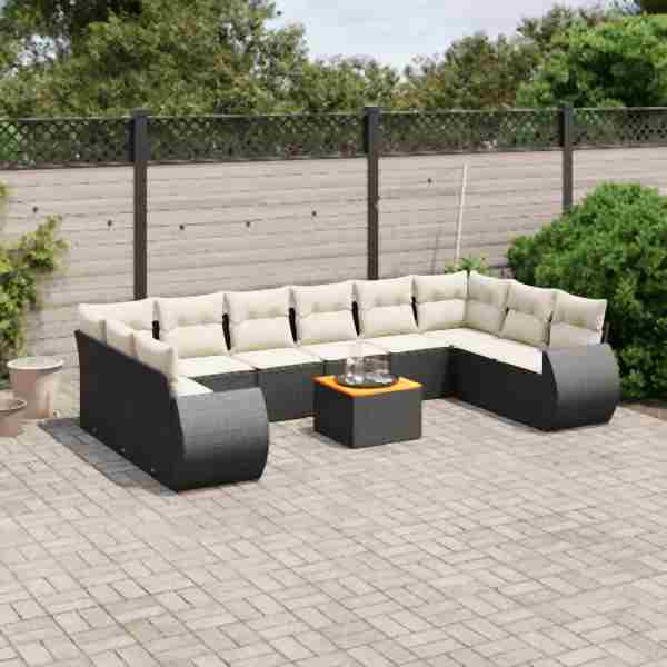 vidaXL 11-tlg. Garten-Sofagarnitur mit Kissen Schwarz Poly Rattan, UV-beständig, 3225174