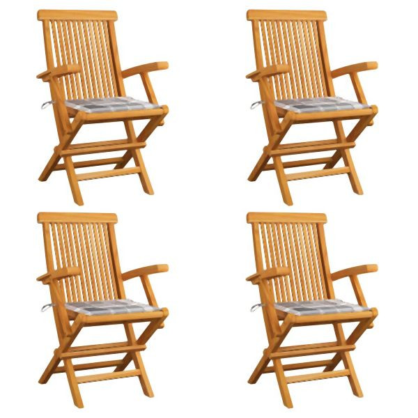 vidaXL Gartenstühle Graue Karomuster-Kissen 4 Stück Massivholz Teak, 3065631