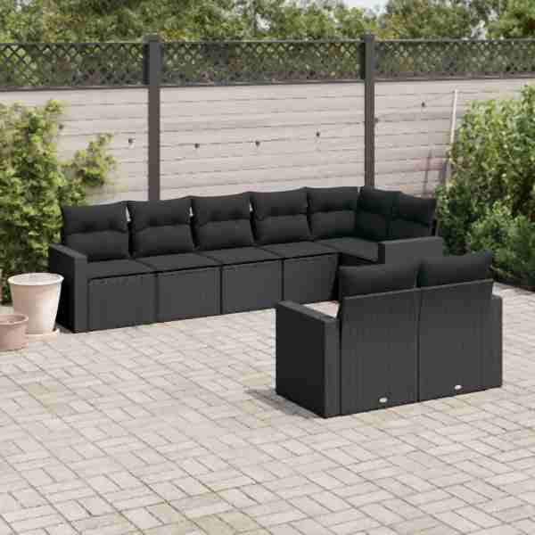 vidaXL 8-tlg. Garten-Sofagarnitur mit Kissen Schwarz Poly Rattan, UV-beständig, 3219205
