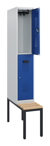 C+P Doppelstöckiger Spind Evolo PLUS, Bank, 2 Fächer, 1950x300x815mm, 7035/5010, Zylinderschloss, Sitzfläche Buche-Hartholz, Sitzbank, 0493505-10 S10029
