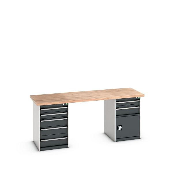 bott cubio Werkbank mit 2 Schubladenschränken 7 Schubladen, 1 Tür, Rotbuche-Platte, BxTxH: 2000x750x840mm, Rotbuche RAL 7035/7016, 41003242.19V