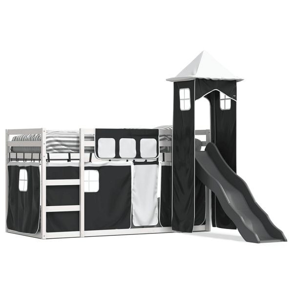 vidaXL Etagenbett mit Rutsche und Gardinen Weiß und Schwarz 90x200 cm, 3284191