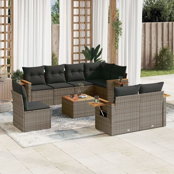 vidaXL 9-teilig Garten-Sofagarnitur mit Kissen Grau Poly Rattan, 3227012