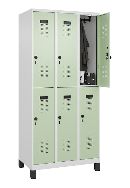 C+P Doppelstöckiger Spind Evolo PLUS, mit Füßen, 6 Fächer, 1950x900x500mm, 9016, Frontfarbe RAL 6019 Weissgrün, Drehriegel, 049310-30 S10019