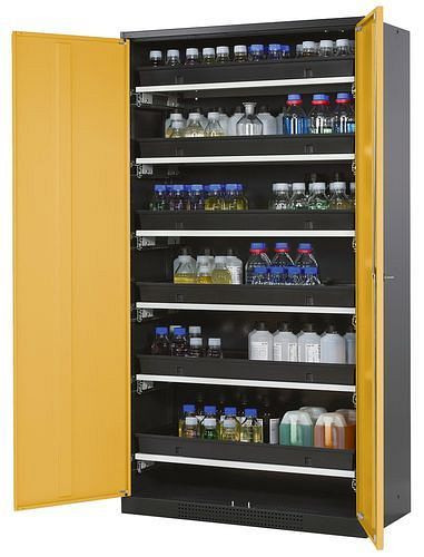 asecos Chemikalienschrank Systema-T CS-106, Korpus anthrazit, Flügeltüren gelb, 6 Tablarauszüge, 209086