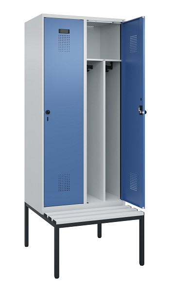 C+P Spind Evolo PLUS, 2 Abteile, 2120x800x815mm, 7035/5023, Haken 4, Drehriegel, Sitzfläche Kunststoff, Sitzbank, Trennwand, 0490507-22F S10062