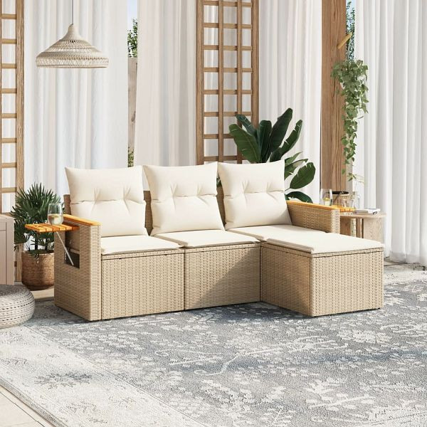 vidaXL 4-teilig Garten-Sofagarnitur mit Kissen Beige Poly Rattan, 3226744