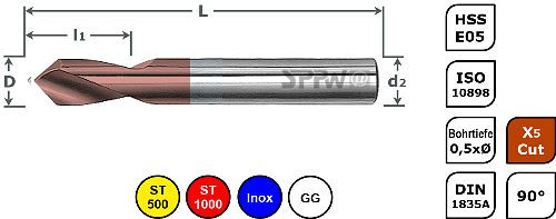 SPPW NC-Anbohrer HSS-E05+X5Cut 90° ISO L: 138x45 - Ø25,0, 1235902500