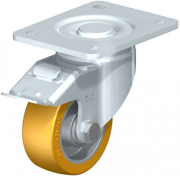 Blickle LH-ALTH 101K-3-FI Stahlblech-Lenkrolle, Schwerlast-Ausführung, mit Anschraubplatte & Feststeller, Blickle Extrathane®, Hellbraun, 646075