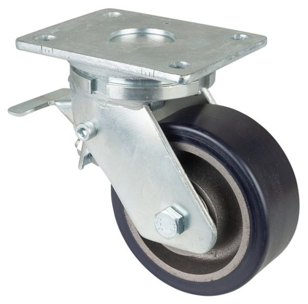 BS Rollen Schwerlastrolle mit Rad-/Feststeller, Breite 50 mm, Ø125 mm, bis 400 kg, Guss-Polyurethan 78 Shore A, Körper Guss, Kugellager, RR120.C11.125