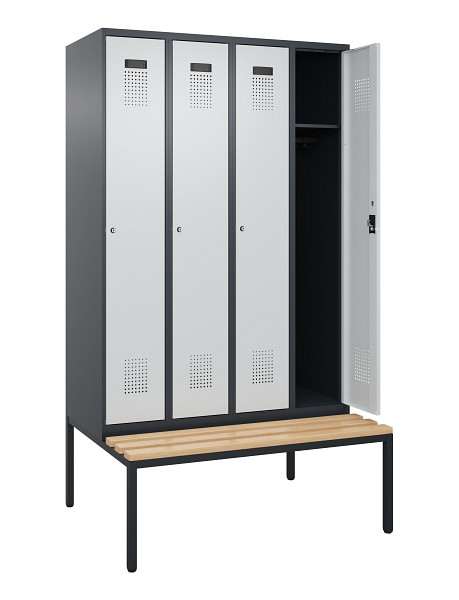C+P Spind Evolo PLUS, 4 Abteile, 2120x1200x815mm, 7016/7035, Haken 3, Zylinderschloss, Sitzfläche Buche-Hartholz, Sitzbank, 0490507-40 S10044