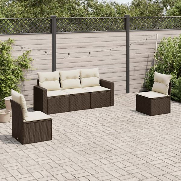 vidaXL 5-teilig Garten-Sofagarnitur mit Kissen Braun Poly Rattan, 3218783