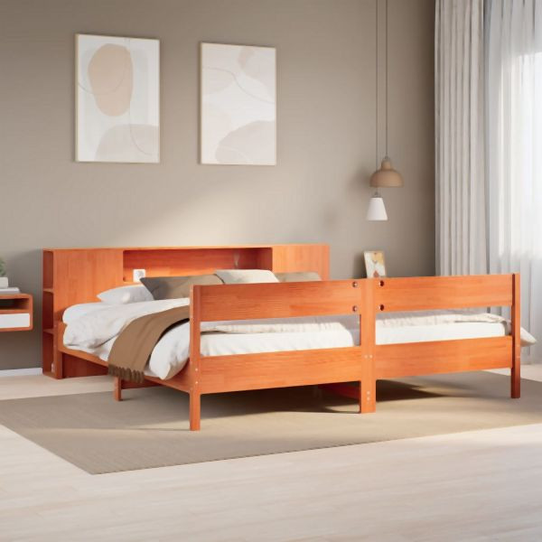 vidaXL Massivholzbett mit Regal ohne Matratze Wachsbraun 200x200 cm, 3322938
