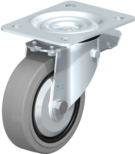 Blickle LK-POEV 125KD-3-ST-SG-FA Stahlblech-Lenkrolle, schwere Ausführung, mit Anschraubplatte & Feststeller, Elastik-Vollgummi, Grau, 851164