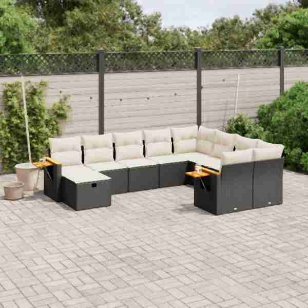 vidaXL 10-tlg. Garten-Sofagarnitur mit Kissen Schwarz Poly Rattan, UV-beständig, 3259557