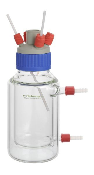 Rettberg Reaktionsgefäß, 500 ml, GLS 80, mit Temperiermantel, Anschlüsse GL 18, zylindrisch, Boden flach, 107000055