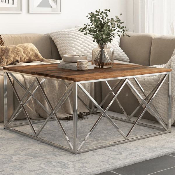 vidaXL Couchtisch Silbern Edelstahl und Massivholz, 349981