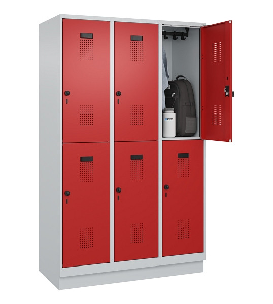 C+P Doppelstöckiger Spind Evolo PLUS, mit Sockel, 6 Fächer, 1950x1200x500mm, 703, Frontfarbe RAL 3000 feuerrot, Drehriegel, 049320-32 S10003