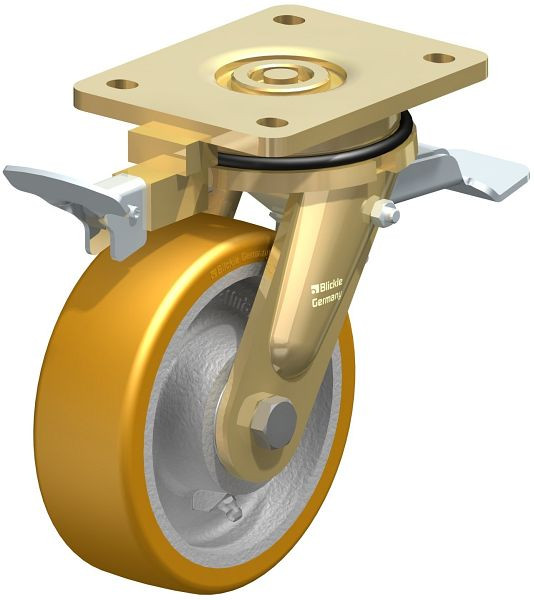 Blickle LS-GTH 150K-ST-RI4 Stahlgeschweißte Schwerlast-Lenkrolle, schwere Drehkranz-Ausführung mit Feststeller, Blickle Extrathane®, Hellbraun, 667832