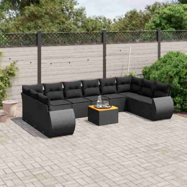 vidaXL 11-tlg. Garten-Sofagarnitur mit Kissen Schwarz Poly Rattan, UV-beständig, 3257504