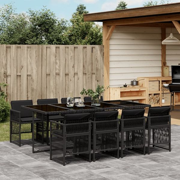 vidaXL 9-tlg. Garten-Essgruppe mit Kissen Schwarz Poly Rattan, 3210919