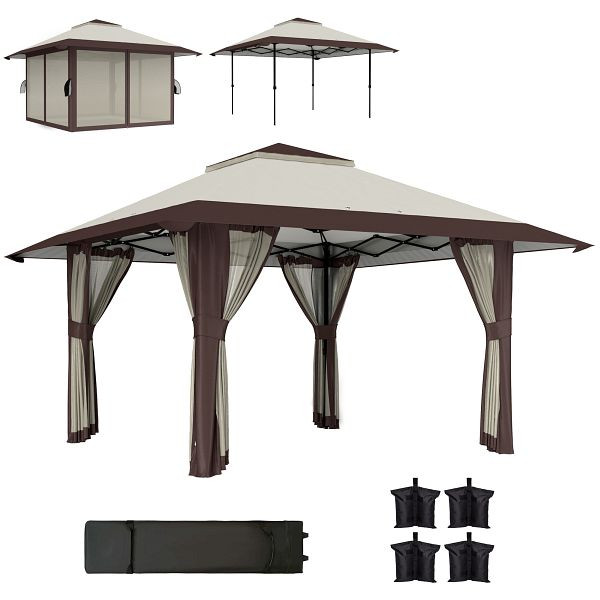 Outsunny 4 x 4 m Garten-Pavillon, Gartenzelt mit Netzwänden, UPF50+ Schutz, Höhenverstellbares Partyzelt, Beige, 84C-631V00BG