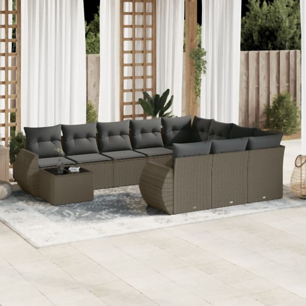 vidaXL 11-tlg. Garten-Sofagarnitur mit Kissen Hellgrau Poly Rattan, 3254269