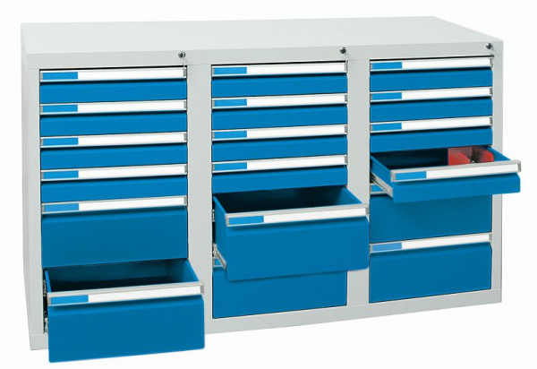 stumpf Schubladenschrank, Breite 150 cm, 100 % Teleskopauszüge, 75 kg / Schublade, Alu-Griffleisten, 18 Schubladen, lichtgrau / lichtblau, 7603578