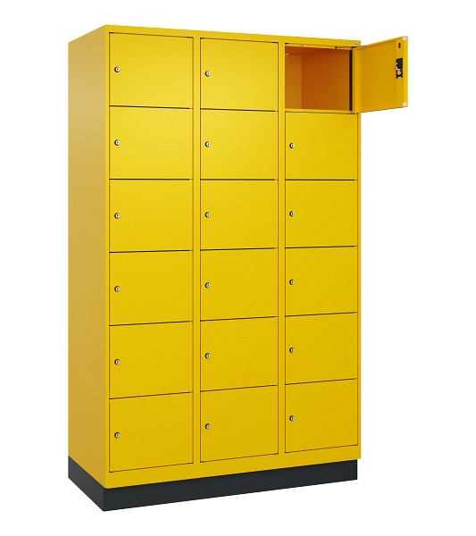 C+P Schließfachschrank Evolo PLUS, mit Sockel, 18 Fächer, 1950x1200x500mm, 1023/1023 Verkehrsgelb, 049020-326 S10022