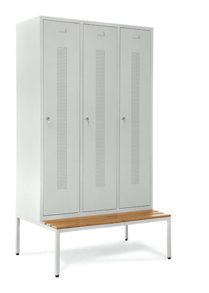 Deskin Garderobenspind SYSTEM SP1 mit Sitzbank, Korpus und Türen Lichtgrau RAL 7035, H 2050 x B 1185 x T 800 mm, Zylinderschloss, 330811