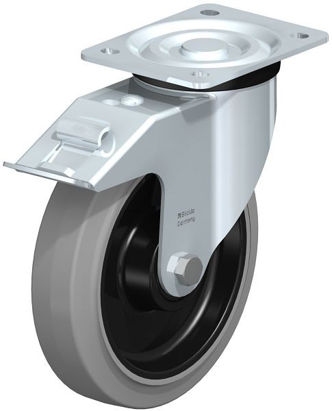 Blickle L-POEV 200KD-FI-SG Stahlblech-Lenkrolle, mittelschwere Ausführung, mit Anschraubplatte & Feststeller, Elastik-Vollgummi, Grau, 270991