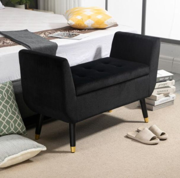HOMCOM Luxus Sitzbank Polsterbank mit Stauraum Armlehnen Truhenbank Samtartiges Polyester Gummiholz Schwarz 107 x 42 x 65 cm, 838-169BK