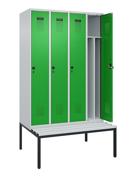 C+P Spind Evolo PLUS, 4 Abteile, 2120x1200x815mm, 7035/6037, Haken 4, Drehriegel, Sitzfläche Kunststoff, Sitzbank, 0490507-40F S10065