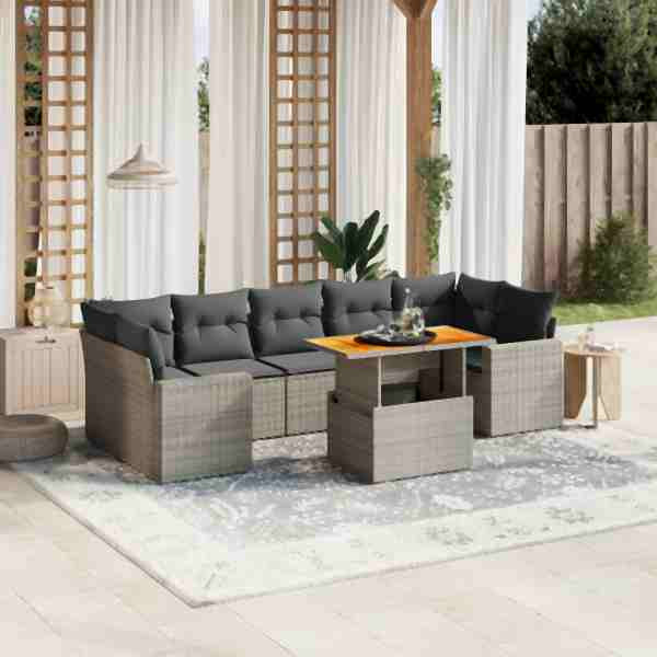 vidaXL 8-tlg. Garten-Sofagarnitur mit Kissen Grau Poly Rattan, UV-beständig, 3271228
